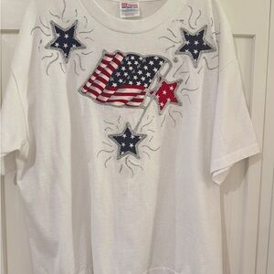 Hanes Womens USA Patriotic White T-Shirt L Short Sleeve Crew Tee Stars Glitter